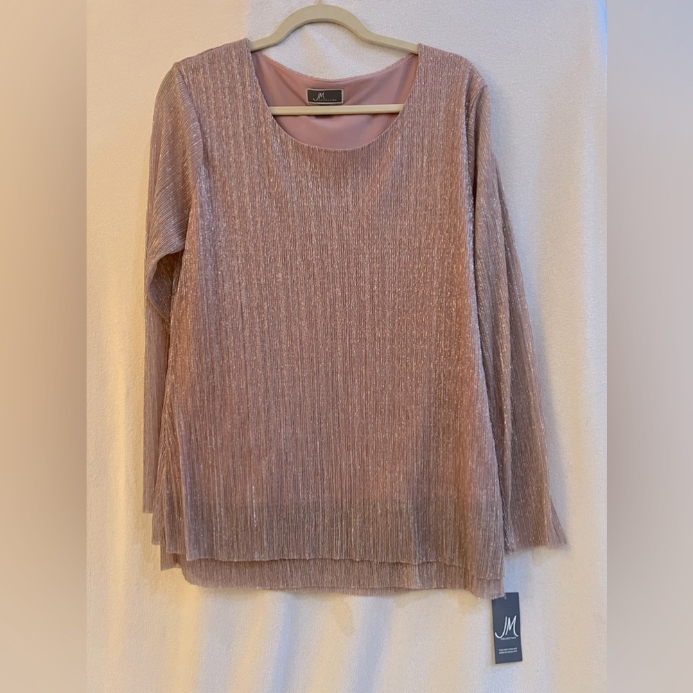 JM Collection, size L, metallic pink, long sleeved woman’s dressy top